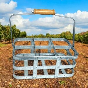 Galvanized Metal 6 Bottle Caddy Carrier Wood Handle Farmhouse Silver Organizer